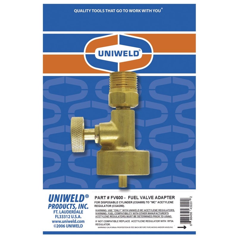 Uniweld FV600 Oxy/Fuel Adapter to Connect an MC Regulator (CGA200) to a Disposable Fuel Cylinder (CGA600) - Image 2